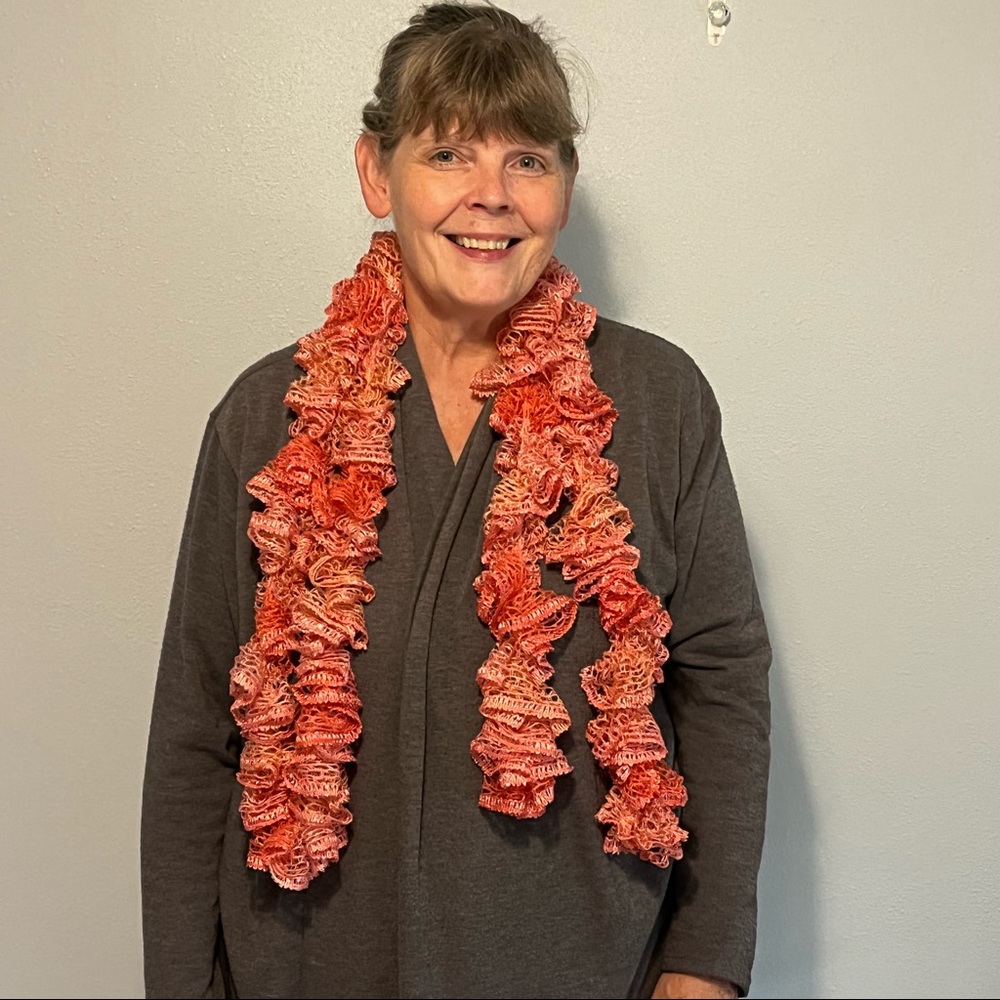 New Handmade Crochet Coral Colored Sequined Twirly Scarf 76” Long - Picture 14 of 14